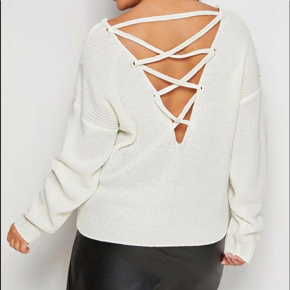 The Chic Petunia Sweaters - Plus white V-neck lace up crisscross back sweater